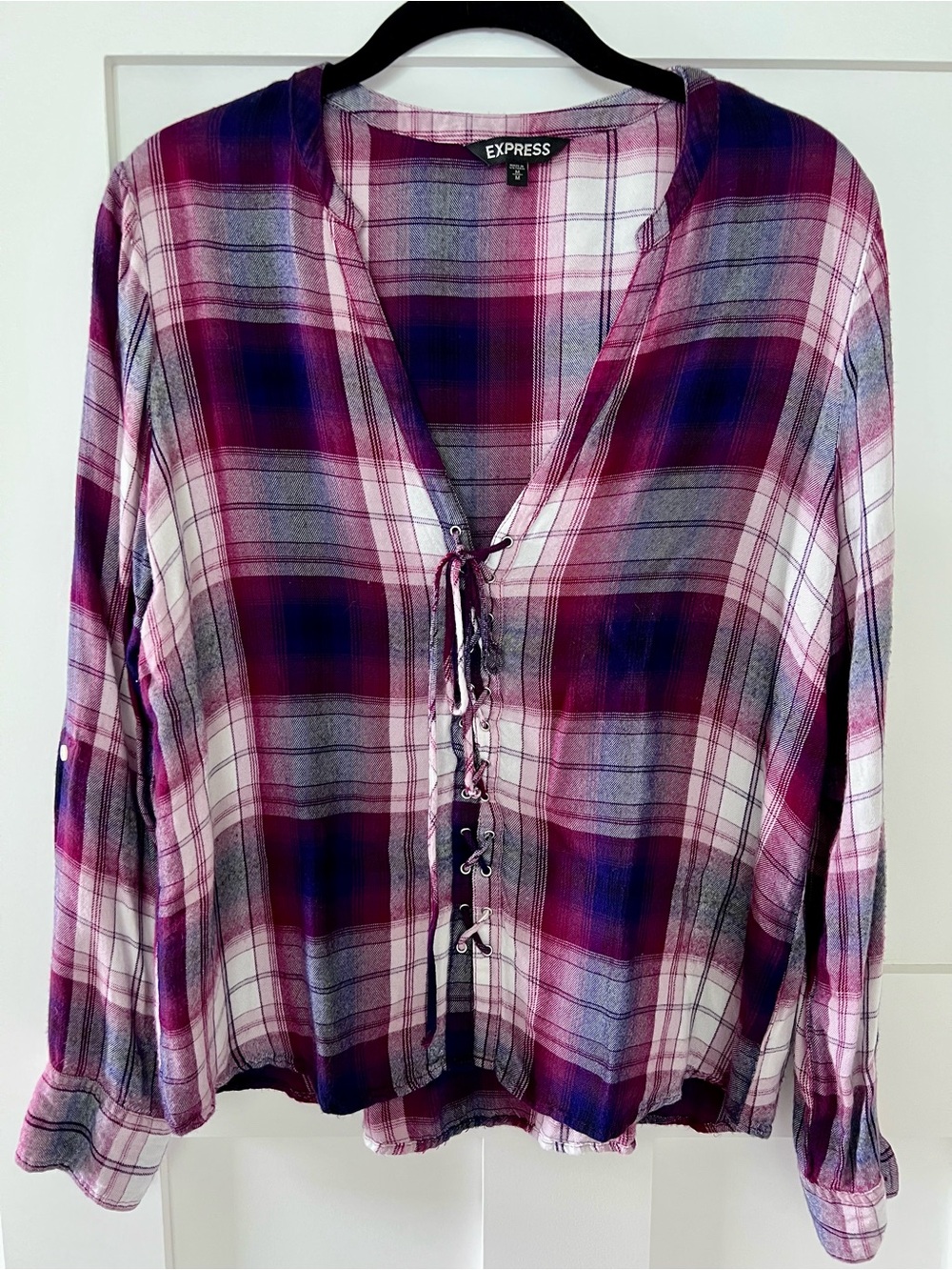 Express Plaid Lace-Up Button-Front Shirt in Plum, White & Navy